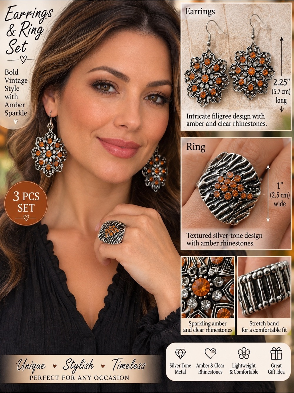 Vintage-Inspired Amber Rhinestone Earrings & Ring Set - Silver Tone